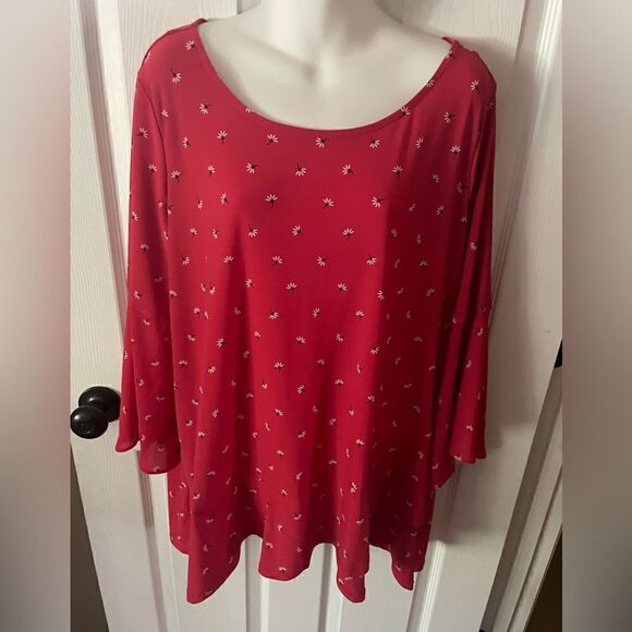 ROZ & ALI Red w/tiny Flowers, Asymmetrical Hem , WOW Sleeves, Top/ Blouse SZ 2X - Picture 1 of 7